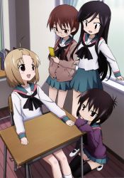 Rule 34 | 4girls, :d, a channel, absurdres, ahoge, ankle socks, artist request, black hair, black neckerchief, black socks, black thighhighs, blonde hair, blue skirt, blush, book, brown eyes, brown hair, brown jacket, cellphone, chair, classroom, closed mouth, collarbone, desk, dot mouth, dot nose, female focus, flip phone, from above, glasses, hair ornament, highres, holding, holding cellphone, holding phone, ichii tooru, indoors, jacket, kneeling, long hair, long sleeves, looking at another, looking down, momoki run, multiple girls, neckerchief, nishi yuuko, on chair, open mouth, oversized clothes, phone, pleated, pleated skirt, purple shirt, red eyes, school uniform, serafuku, shirt, shoes, short hair, sitting, skirt, sleeves past wrists, smile, socks, source request, tennouji nagisa, thighhighs, twintails, uniform, uwabaki, white footwear, white shirt, white socks, wooden floor, x hair ornament