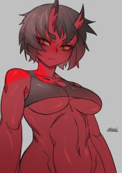 Rule 34 | 1girl, black bra, black hair, bottomless, bra, breasts, closed mouth, colored skin, grey background, horns, kidouko (zakusi), looking at viewer, navel, oni, orange eyes, original, out-of-frame censoring, red oni, red skin, short hair, signature, simple background, slit pupils, solo, toned, underboob, underwear, zakusi