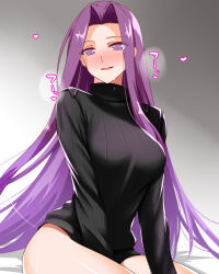 Rule 34 | 1girl, black sweater, blush, bottomless, breasts, drooling, engo (aquawatery), fate/grand order, fate (series), forehead, highres, large breasts, long hair, medusa (fate), medusa (rider) (fate), nose blush, purple eyes, purple hair, sitting, solo, sweater, turtleneck, turtleneck sweater, very long hair