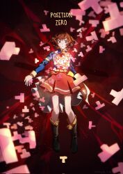 Rule 34 | 1girl, aijou karen, arsum0731, artist name, black footwear, blue jacket, boots, brown eyes, brown hair, commentary, english commentary, english text, highres, jacket, layered skirt, long sleeves, looking at viewer, parted lips, red skirt, short hair, shoujo kageki revue starlight, skirt, solo, thigh boots, vanishing point, white skirt