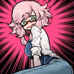 Rule 34 | + +, 1girl, black-framed eyewear, blue eyes, blue pants, blue shirt, blush, breasts, commentary request, cowboy shot, gedougawa, glasses, large breasts, long hair, looking down, medium bangs, nose blush, open mouth, original, pants, pink hair, shirt, sleeves rolled up, solo, white shirt