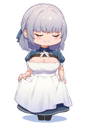 Rule 34 | 1girl, alternate costume, apron, apron hold, black pantyhose, blush, blush stickers, braid, breasts, cleavage, closed eyes, crown braid, dress, enmaided, facing viewer, full body, grey hair, highres, hololive, large breasts, long dress, looking at viewer, maid, maid apron, medium hair, mikan (chipstar182), mole, mole on breast, pantyhose, puffy short sleeves, puffy sleeves, shirogane noel, short sleeves, shrug (clothing), simple background, smile, solo, standing, virtual youtuber, white apron, white background, wrist cuffs