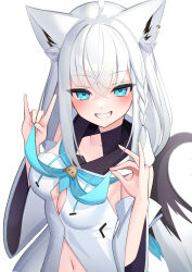 Rule 34 | 1girl, absurdres, aqua eyes, detached sleeves, highres, hololive, looking at viewer, shin insh, shirakami fubuki, simple background, smile, solo, virtual youtuber, white hair