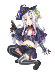 Rule 34 | 1girl, black capelet, black footwear, black gloves, black hat, black skirt, blunt bangs, blush, breasts, capelet, cleavage, commentary, cone hair bun, crop top, full body, glock, gloves, gun, hair bun, hair ornament, handgun, hat, holding, holding gun, holding weapon, hololive, long hair, long sleeves, looking at viewer, midriff, murasaki shion, murasaki shion (1st costume), navel, one side up, pinstripe pattern, pinstripe shirt, shirt, shoes, sidelocks, silver hair, simple background, single hair bun, single side bun, skirt, small breasts, smile, solo, squatting, star (symbol), striped clothes, striped shirt, striped thighhighs, tenjiku nezumi, thighhighs, thighlet, tilted headwear, vertical-striped clothes, vertical-striped shirt, vertical-striped thighhighs, virtual youtuber, weapon, weapon request, white background, witch hat, yellow eyes, zettai ryouiki