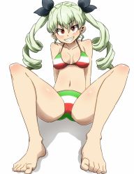 Rule 34 | 1girl, anchovy (girls und panzer), aono3, arm support, barefoot, bikini, black ribbon, breasts, commentary, drill hair, flag print, full body, girls und panzer, grin, hair ribbon, head tilt, highres, italian flag, italian flag bikini, leaning back, legs, long hair, looking at viewer, medium breasts, navel, print bikini, red eyes, ribbon, shadow, simple background, sitting, smile, solo, swimsuit, twin drills, twintails, white background