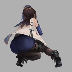 Rule 34 | 1girl, arm up, armpits, ass, back, bare shoulders, belt, black pantyhose, breasts, brown hair, bullpup, detached sleeves, floating hair, full body, goddess of victory: nikke, gun, tucking hair, hand in own hair, hat, highres, holster, jacket, kkuem, large breasts, long hair, looking at viewer, marian (nikke), military, military hat, military uniform, necktie, official art, pantyhose, pouch, purple eyes, sleeveless, solo, thigh holster, uniform, weapon, weapon on back, white jacket