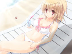 Rule 34 | 1girl, bare arms, beach chair, bikini, blonde hair, blush, breasts, chair, cleavage, collarbone, crab, drink, dutch angle, frilled bikini, frills, front-tie bikini top, front-tie top, hair between eyes, highres, kilias, large breasts, long hair, looking at viewer, lounge chair, lying, navel, on back, original, outdoors, ponytail, red eyes, shiny skin, side-tie bikini bottom, solo, swimsuit, white bikini