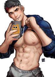 Rule 34 | 1boy, abs, bara, blue shirt, clothes lift, greenteaa, highres, holding, looking at viewer, male focus, mature male, muscular, muscular male, navel, open mouth, original, pectorals, phone, selfie, shirt, shirt lift, short hair, smile, solo, spiked hair, thick eyebrows