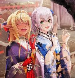 Rule 34 | 4girls, :d, alternate costume, arms up, blonde hair, blue kimono, blurry, blurry foreground, bow, braid, closed eyes, commentary request, dark-skinned female, dark elf, dark skin, elf, french braid, furisode, gloves, green eyes, hair bow, hair intakes, hatsumoude, hololive, hopper, japanese clothes, kimono, long hair, looking at another, multiple girls, new year, obi, omikuji, open mouth, partial commentary, pointy ears, print kimono, red gloves, sash, shiranui flare, shiranui flare (new year), shirogane noel, shirogane noel (new year), sideways glance, silver hair, smile, teeth, upper teeth only, very long hair, virtual youtuber, wire