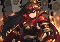 Rule 34 | 1girl, armor, banner, brown hair, cape, crest, family crest, fate (series), gauntlets, hair ornament, hand on own hip, holding, holding sword, holding weapon, k jin, katana, koha-ace, long hair, looking at viewer, oda nobunaga (fate), oda nobunaga (koha-ace), ponytail, red eyes, solo, sword, weapon