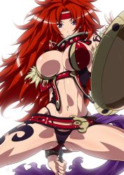 Rule 34 | 1girl, breasts, cleavage, headband, large breasts, legs, long hair, midriff, purple eyes, queen&#039;s blade, red hair, revealing clothes, risty (queen&#039;s blade), risty (queen's blade), shield, sideboob, solo, spread legs, suna (sandworks), tattoo, thick thighs, thighs, wilderness bandit risty