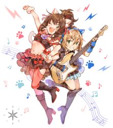 Rule 34 | 2girls, animal ear headphones, animal ears, asterisk (idolmaster), blush, boots, bow, brown hair, cat ear headphones, cat ears, cat tail, crop top, cropped jacket, detached collar, fake animal ears, fang, frilled skirt, frills, green eyes, grin, guitar, headphones, high heel boots, high heels, high ponytail, idolmaster, idolmaster cinderella girls, instrument, inzup, jacket, light brown hair, lightning bolt symbol, locked arms, maekawa miku, multiple girls, musical note, navel, one eye closed, open clothes, open jacket, open mouth, over the collar, paw print, plectrum, red bow, short hair, skirt, sleeveless, sleeveless jacket, smile, staff (music), tada riina, tail, thighhighs, wristband