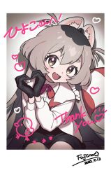 Rule 34 | 1girl, :d, animal ear fluff, animal ears, artist name, black gloves, black skirt, border, bow, bowtie, brown eyes, collared shirt, commission, dated, fang, fujino hana, gloves, grey hair, head tilt, heart, heart hands, highres, jacket, letterboxed, light brown hair, long hair, long sleeves, looking at viewer, open mouth, original, red bow, red bowtie, shirt, signature, skeb commission, skin fang, skirt, smile, solo, squirrel (jjjjmmn err), tail, thank you, thick eyebrows, upper body, very long hair, white border, white jacket, white shirt