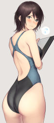 Rule 34 | 1girl, amagami, ass, back, black eyes, black hair, blush, breasts, clipboard, closed mouth, commentary request, competition swimsuit, cowboy shot, embarrassed, flying sweatdrops, gradient background, grey background, holding, looking at viewer, looking back, medium breasts, one-piece swimsuit, serizawa (serizawaroom), short hair, skindentation, solo, spoken flying sweatdrops, swimsuit, takahashi maya, two-tone swimsuit
