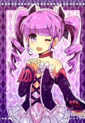 Rule 34 | 1girl, ;d, akamomo, bad id, bad pixiv id, choker, detached sleeves, dress, drill hair, gothic lolita, hand on own chest, lolita fashion, official alternate costume, one eye closed, open mouth, purple background, purple eyes, purple hair, purple theme, ribbon choker, smile, solo, sophie (tales), tales of (series), tales of graces, twin drills, twintails, wink
