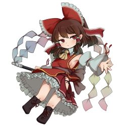 Rule 34 | 1girl, absurdres, ascot, black panties, boots, bow, breasts, brown footwear, brown hair, chibi, closed mouth, commentary request, detached sleeves, expressionless, frilled bow, frilled hair tubes, frilled skirt, frills, gohei, hair bow, hair tubes, hakurei reimu, highres, hip vent, holding, holding gohei, long sleeves, medium breasts, medium hair, mesuosushi, no bra, panties, red bow, red skirt, red vest, sideboob, sidelocks, skirt, solo, touhou, underwear, vest, white sleeves, wide sleeves, yellow ascot