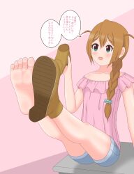 Rule 34 | 1girl, baba konomi, barefoot, blue eyes, blush, boots, unworn boots, braid, brown hair, feet, highres, holding, holding shoes, idolmaster, idolmaster million live!, long hair, open mouth, shoes, unworn shoes, shorts, soles, toes, translated