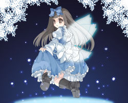 Rule 34 | 1girl, bad id, bad pixiv id, boots, brown eyes, brown hair, clothes lift, dress, dress lift, fairy, female focus, from behind, hair ribbon, long hair, ribbon, solo, star sapphire, touhou, umizono, wings