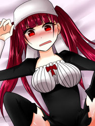 Rule 34 | 1girl, bleach, blush, bow, dokugamine riruka, dress, hat, open mouth, red eyes, red hair, thighhighs, twintails