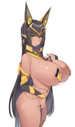 Rule 34 | 1girl, absurdres, animal ears, areola slip, black hair, breasts, cat ears, covered erect nipples, curvy, dark-skinned female, dark skin, dickbomber, egyptian, egyptian clothes, elbow gloves, from side, gloves, green eyes, hair ornament, hand on own chest, highres, huge breasts, last origin, long hair, looking at viewer, pointy ears, revealing clothes, sekhmet of death, shiny skin, skirt, solo, standing, swimsuit, thick thighs, thighs, very long hair