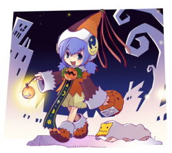 Rule 34 | 1girl, ankle boots, blue eyes, blue hair, boots, full body, halloween, hat, jack-o&#039;-lantern, lantern, looking at viewer, lowres, matching hair/eyes, night, open mouth, original, pumpkin, short hair, smile, solo, tobe sunaho, twintails, walking, wizard hat