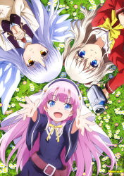 Rule 34 | 3girls, absurdres, angel beats!, belt, belt buckle, blue dress, blue eyes, blunt bangs, bow, buckle, camera, charlotte (anime), closed mouth, collared shirt, crossover, daisy, dress, flower, from above, grass, highres, holding, holding camera, juliet sleeves, kamisama ni natta hi, light brown hair, long hair, long sleeves, lying, multiple girls, newtype, nii manabu, nun, official art, on back, open mouth, outstretched arms, own hands clasped, own hands together, pink hair, puffy sleeves, red shirt, sailor collar, sailor shirt, satou hina (kamisama ni natta hi), school uniform, serafuku, shirt, sidelocks, silver hair, smile, tareme, tenshi (angel beats!), tomori nao, upper body, veil, very long hair, white sailor collar, white shirt, wide sleeves, wings, yellow bow, yellow eyes, yellow neckwear