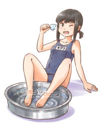 Rule 34 | 1girl, barefoot, basin, black eyes, black hair, blue one-piece swimsuit, breasts, collarbone, commentary request, food, fubuki (kancolle), full body, kantai collection, karasu (naoshow357), long hair, looking at viewer, low ponytail, name tag, one-piece swimsuit, one eye closed, ponytail, popsicle, school swimsuit, short ponytail, sidelocks, simple background, small breasts, soaking feet, solo, swimsuit, water, white background