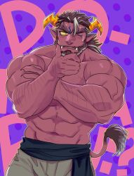 Rule 34 | 1boy, abs, another eidos-r, bara, beard, blush, brown hair, colored sclera, colored skin, cowboy shot, demon boy, demon horns, facial hair, forked eyebrows, frown, green eyes, hairy, hand on own chin, highres, horns, horse boy, large pectorals, looking at viewer, love handles, male focus, mature male, multicolored hair, muscular, muscular male, mustache, mustache stubble, navel, nervous sweating, official alternate costume, one eye closed, pectorals, pointy ears, purple background, purple skin, short hair, solo, sparse chest hair, sparse navel hair, stalon (another eidos), stomach, stroking beard, stroking own chin, strongman waist, stubble, sweat, text background, thick eyebrows, topless male, tusks, white hair, yakisoba ohmori, yellow horns, yellow sclera