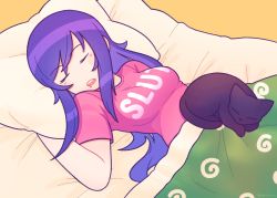 Rule 34 | 1girl, animal, animal on lap, black cat, blanket, blouse, breasts, cat, clothes writing, commentary, commission, english commentary, english text, fore, fuck-me shirt, hair down, highres, jill stingray, medium breasts, meme attire, on lap, pillow, pink shirt, profanity, purple hair, shirt, sleeping, solo focus, swept bangs, t-shirt, taut clothes, taut shirt, under covers, va-11 hall-a, vibrantrida