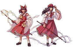 Rule 34 | 2girls, adjusting clothes, adjusting headwear, ankle socks, ascot, bare shoulders, black footwear, black hair, brown hair, cabbie hat, detached sleeves, flat cap, flat chest, frilled skirt, frills, full body, gohei, hakurei reimu, hat, hat ornament, highres, holding, holding gohei, label girl (dipp), loafers, long hair, long sleeves, mandarin collar, multiple girls, ofuda, red ascot, red eyes, red hat, red shirt, red skirt, sarashi, shirt, shoes, simple background, skirt, sleeveless, sleeveless shirt, socks, speargsun, standing, star (symbol), star hat ornament, touhou, white background, white shirt, white sleeves, white socks, wide sleeves, yellow ascot