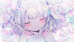Rule 34 | 1girl, blush, bubble, close-up, closed eyes, crying, daisy, flower, frown, hair flower, hair ornament, heart, highres, holding, holding rope, mercure 1104, noose, original, rope, short hair, solo, tears, white hair