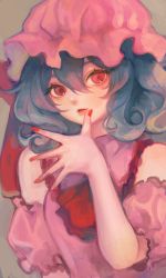 Rule 34 | 1girl, arm cuffs, ascot, bare shoulders, blue hair, collar, collared dress, dress, garan co, grey background, hair between eyes, hand up, hat, hat ribbon, highres, looking at viewer, mob cap, nail polish, open mouth, pink dress, pink hat, red ascot, red eyes, red nails, red ribbon, remilia scarlet, ribbon, short hair, simple background, smile, solo, touhou