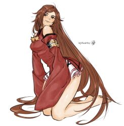 Rule 34 | 1girl, artist name, bare shoulders, barefoot, breasts, brown eyes, brown hair, china dress, chinese clothes, closed mouth, dress, frills, full body, guilty gear, guilty gear xrd, hair ornament, hairclip, highres, irene koh, kneeling, kuradoberi jam, lips, long hair, looking at viewer, medium breasts, pelvic curtain, signature, simple background, sleeves past wrists, smile, solo, thighs, toes, very long hair, white background, wide sleeves