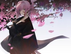 Rule 34 | 1girl, absurdres, asymmetrical hair, bad id, bad twitter id, black kimono, bleeding, blood, blood on face, blue eyes, blurry, blurry background, blurry foreground, cherry blossoms, collarbone, cowboy shot, cuts, depth of field, dokshuri, earrings, fate/grand order, fate (series), grey background, hair between eyes, hair ornament, hair over one eye, highres, injury, japanese clothes, jewelry, jitome, katana, kimono, looking at viewer, miyamoto musashi (fate), parted lips, pink hair, sheath, sheathed, short hair, sidelocks, single sidelock, solo, sword, tree, weapon, wide sleeves