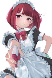 Rule 34 | 1girl, absurdres, apron, arima kana, bob cut, bow, bowtie, closed mouth, dress, gu00hy, highres, inverted bob, lace, lace trim, looking at viewer, maid, maid headdress, oshi no ko, red bow, red bowtie, red eyes, red hair, short hair, simple background, solo, white apron, white background