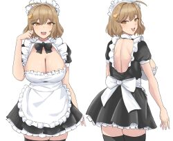 Rule 34 | 1girl, ahoge, alternate costume, anis (nikke), apron, bow, bowtie, breasts, brown eyes, brown hair, cleavage, frills, goddess of victory: nikke, highres, large breasts, looking at viewer, maid, maid apron, maid headdress, puffy short sleeves, puffy sleeves, short hair, short sleeves, white background