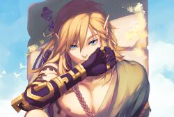 Rule 34 | 1boy, arm markings, bird, black skin, blonde hair, blue eyes, claws, colored skin, earrings, eorinamo, gold trim, green sash, hair between eyes, highres, jewelry, link, long hair, male focus, multicolored skin, nintendo, pointy ears, sash, solo, sword, the legend of zelda, the legend of zelda: tears of the kingdom, two-tone skin, upper body, weapon, weapon on back, wiping face