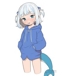 Rule 34 | 1girl, absurdres, blue eyes, blue hair, blue hoodie, blunt bangs, blush, collarbone, commentary, cropped legs, drawstring, english commentary, female focus, fins, fish tail, gawr gura, hair ornament, highres, hololive, hololive english, hood, hood down, hoodie, light blue hair, looking at viewer, no pants, nose blush, open mouth, opossumachine, paid reward available, shark girl, shark hair ornament, shark tail, short hair, simple background, solo, standing, tail, teeth, two side up, upper teeth only, virtual youtuber, watermark, web address, white background