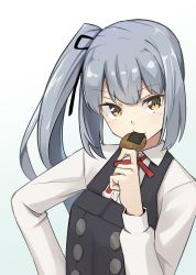 Rule 34 | 1girl, black dress, black ribbon, blush, brown eyes, buttons, collared shirt, commentary request, dress, food, gradient background, grey hair, hair ribbon, highres, kantai collection, kasumi (kancolle), kasumi kai ni (kancolle), long hair, long sleeves, negahami, pinafore dress, red ribbon, ribbon, shirt, side ponytail, sleeveless, sleeveless dress, solo, white shirt