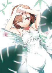 Rule 34 | 1girl, bad id, bad pixiv id, bare shoulders, brown eyes, brown hair, dress, hair over one eye, halterneck, own hands clasped, johnny funamushi, lying, misaka mikoto, on back, one eye closed, original, own hands together, short hair, smile, solo, toaru majutsu no index, wink