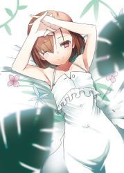 Rule 34 | 1girl, bad id, bad pixiv id, bare shoulders, brown eyes, brown hair, dress, female focus, hair over one eye, halterneck, johnny funamushi, lying, misaka mikoto, on back, one eye closed, original, own hands clasped, own hands together, short hair, smile, solo, toaru majutsu no index, wink