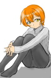 Rule 34 | 1girl, artist name, artist request, black pantyhose, breasts, female focus, fingers together, full body, green eyes, grey sweater, hair between eyes, half-closed eyes, highres, hoshizora rin, knees up, legs up, long sleeves, looking at viewer, love live!, love live! school idol project, no shoes, orange hair, own hands together, pantyhose, parted lips, short hair, sitting, small breasts, smile, solo, sweater, turtleneck, turtleneck sweater, white background, yellow eyes