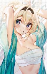 Rule 34 | 1girl, armpits, arms up, bare shoulders, blonde hair, blue eyes, breasts, budget sarashi, cleavage, collarbone, hair tie in mouth, hairband, highres, hololive, kawachi rin, kazama iroha, long hair, looking at viewer, medium breasts, midriff, mouth hold, off shoulder, ponytail, sarashi, smile, solo, stomach, upper body, virtual youtuber