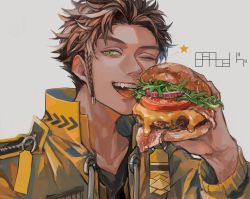 Rule 34 | 1boy, absurdres, bacon, black shirt, braid, brown hair, burger, cheese, claude von riegan, constricted pupils, eating, epaulettes, fatalbug896, fire emblem, fire emblem: three houses, food, green eyes, grey background, high collar, highres, holding, holding food, jacket, lettuce, looking at viewer, male focus, meat, nintendo, one eye closed, onion, open clothes, open jacket, open mouth, shirt, short hair, side braid, signature, simple background, single braid, solo, star (symbol), tomato, tomato slice, upper body, yellow jacket