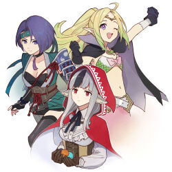 Rule 34 | 3girls, alternate costume, animal ears, arm guards, armor, belt, blue hair, bodice, bow, breasts, cape, choker, circlet, cleavage, fire emblem, fire emblem: three houses, fire emblem awakening, fire emblem fates, forehead protector, gloves, green hair, hand up, holding, hood, hood up, japanese clothes, kitano ririo, long hair, long sleeves, looking at viewer, midriff, multicolored hair, multiple girls, navel, ninja, nintendo, nowi (fire emblem), obi, official alternate costume, one eye closed, pointy ears, purple eyes, red eyes, sash, shamir nevrand, shamir nevrand (ninja), simple background, small breasts, two-tone hair, underbust, velouria (fire emblem), white background, wolf ears