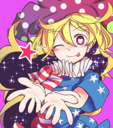 Rule 34 | 1girl, american flag dress, blonde hair, breasts, clownpiece, commentary request, furorina, hat, heart, heart-shaped pupils, jester cap, long hair, looking at viewer, medium breasts, neck ruff, pink background, polka dot, red eyes, short hair, simple background, smile, solo, star (symbol), star print, striped, symbol-shaped pupils, tongue, tongue out, touhou, upper body