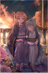 Rule 34 | 2girls, absurdres, age difference, alternate costume, arm hug, b b b b66, backlighting, bench, black kimono, blush, breasts, brown hair, closed eyes, closed mouth, cloud, commentary, evening, flower, frills, full body, g11 (girls&#039; frontline), geta, girls&#039; frontline, green kimono, hand fan, hand on lap, height difference, highres, holding, holding fan, japanese clothes, kimono, lens flare, long hair, long sleeves, looking at viewer, mujinbensin, multiple girls, obi, off shoulder, open clothes, paper fan, pink flower, ponytail, railing, red hair, sash, scar, scar across eye, scar on face, sidelocks, silver hair, sitting, sky, small breasts, smile, sunlight, sunset, tabi, twintails, uchiwa, ump9 (girls&#039; frontline), very long hair, white legwear, yukata