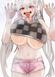 Rule 34 | 1girl, absurdres, against glass, areola slip, black sports bra, blush, breast press, breasts, breasts on glass, checkered clothes, facial tattoo, goddess of victory: nikke, hair ornament, hair ribbon, hairclip, heart, highres, huge breasts, jackal (nikke), licking, long hair, low twintails, multicolored hair, pink hair, pink ribbon, pink shorts, red eyes, rehu, ribbon, saliva, short shorts, shorts, side ponytail, sidelocks, solo, sports bra, streaked hair, tattoo, tongue, tongue out, twintails, underboob, white hair