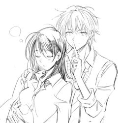 Rule 34 | 1boy, 1girl, coppelion, couple, greyscale, hand on another&#039;s shoulder, index finger raised, kurosawa haruto, leaning on person, long hair, looking at viewer, monochrome, naruse ibara, penki, shirt, sketch, sleeping, sleeping on person, sleeves rolled up, sweater vest, white shirt