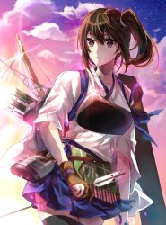Rule 34 | 10s, 1girl, arrow (projectile), betti (maron), black thighhighs, brown eyes, brown hair, cloud, gloves, hair between eyes, japanese clothes, kaga (kancolle), kantai collection, kimono, muneate, quiver, side ponytail, solo, thighhighs, zettai ryouiki